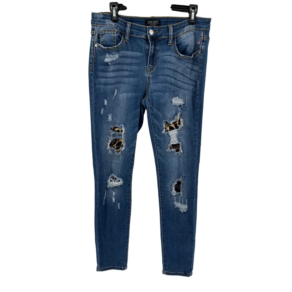 Judy Blue Skinny Fit Jeans Distressed Leopard Patch Blue Denim Women's Sz 11 30